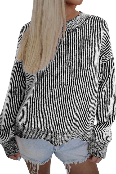 Striped Print Ribbed Trim Round Neck Sweater